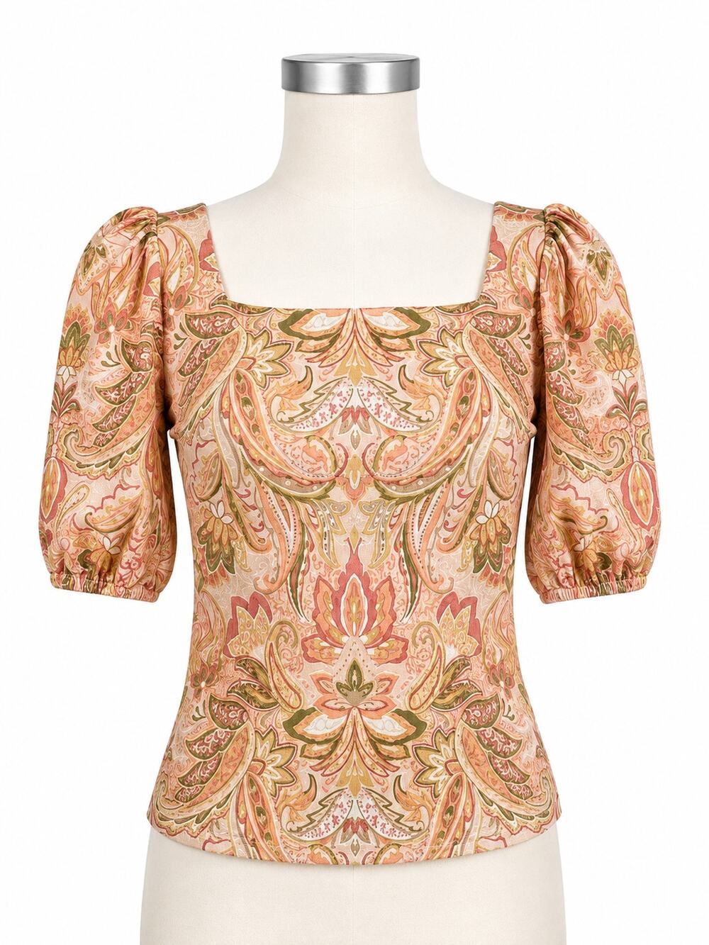 CeCe Paisley Puff Sleeve Square Neck Pink Boho Blouse - Size M